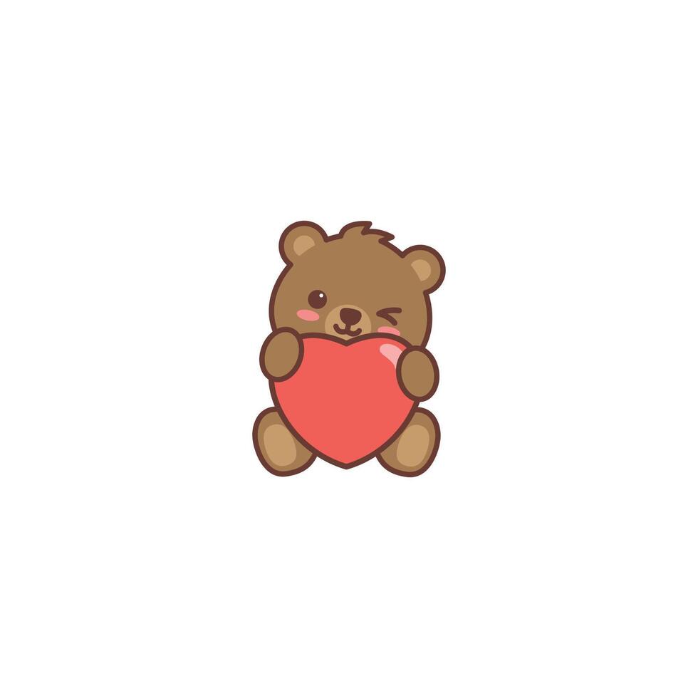 Cute teddy bear winking eye with red heart cartoon, vector illustration