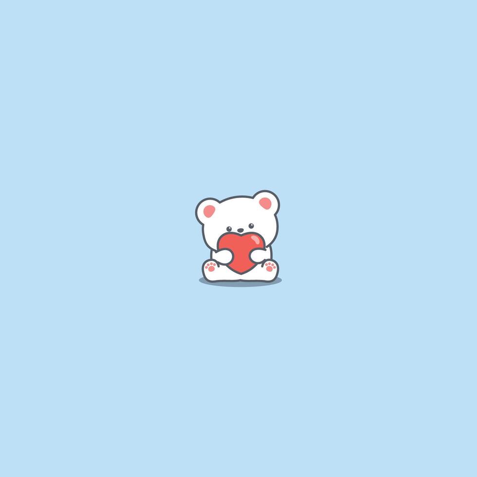 Cute polar bear with red heart cartoon, vector illustration