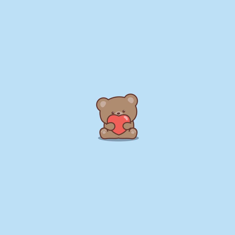 Cute brown bear with red heart cartoon, vector illustration
