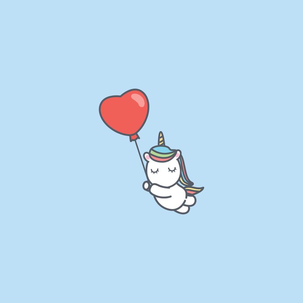 Cute unicorn holding heart balloon, vector illustration
