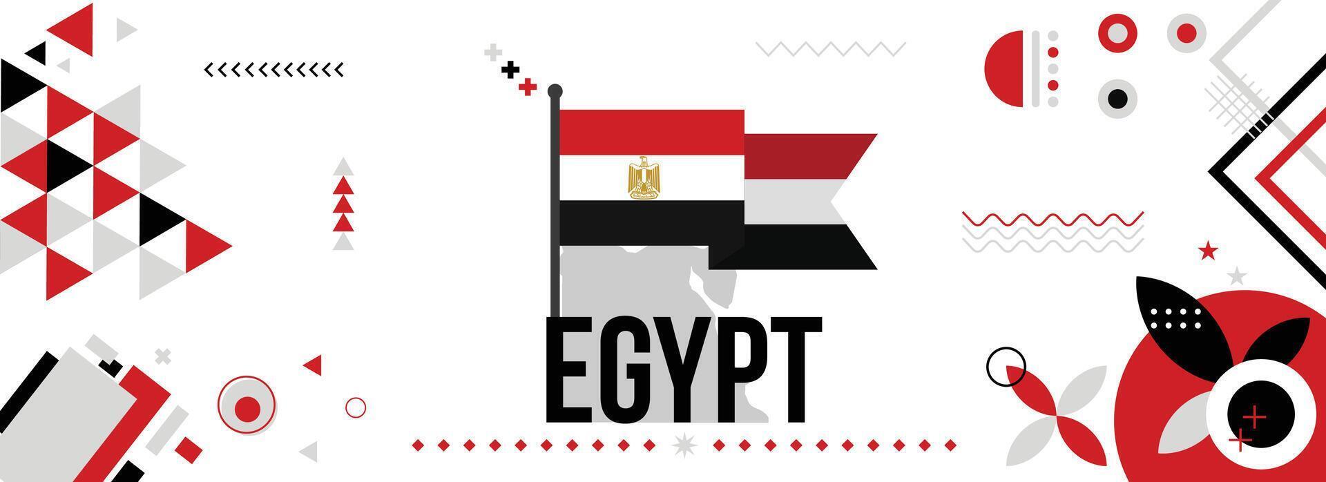 Egypt national or independence day banner for country celebration. Flag and map of Egypt with raised fists. Modern retro design with typorgaphy abstract geometric icons. Vector illustration.