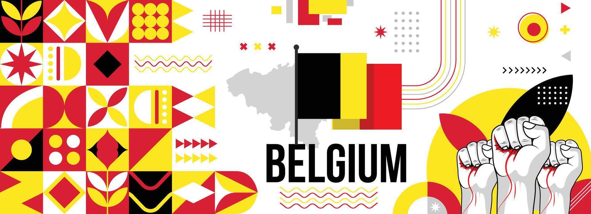 Belgium national or independence day banner for country celebration. Flag and map of Belgium with raised fists. Modern retro design with typorgaphy abstract geometric icons. Vector illustration