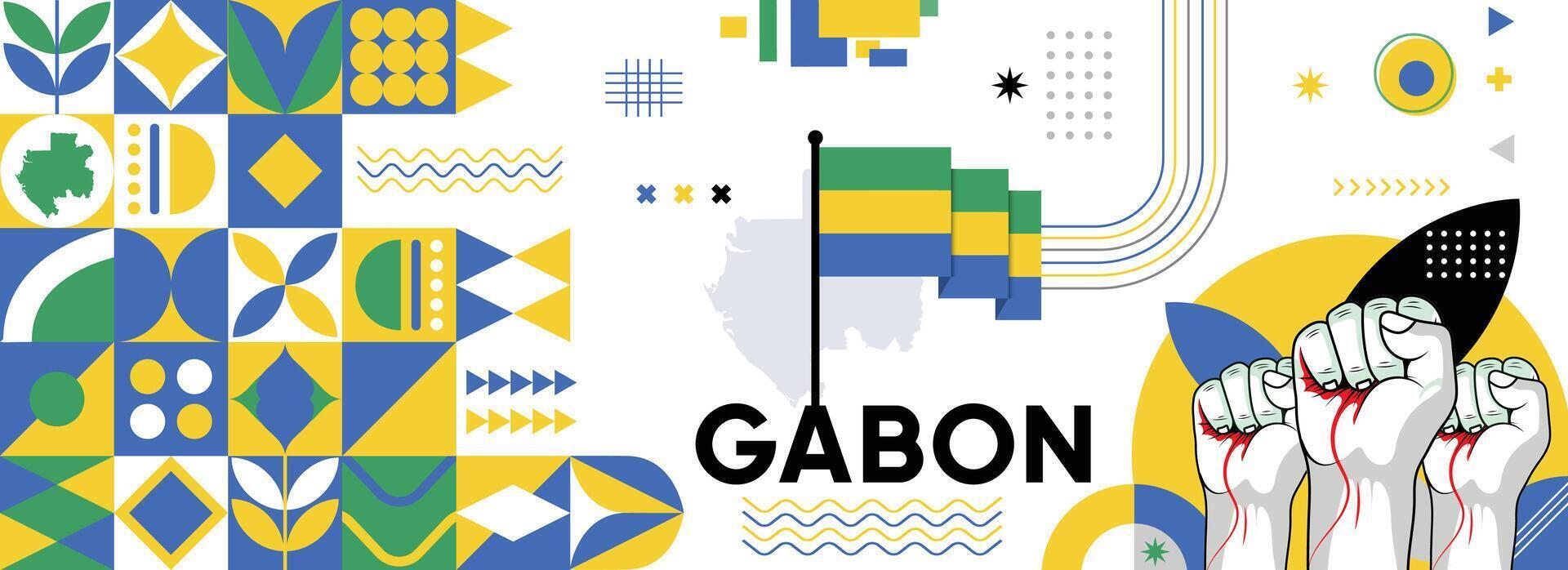 Gabon national or independence day banner for country celebration. Flag and map of Gabon with raised fists. Modern retro design with typorgaphy abstract geometric icons. Vector illustration