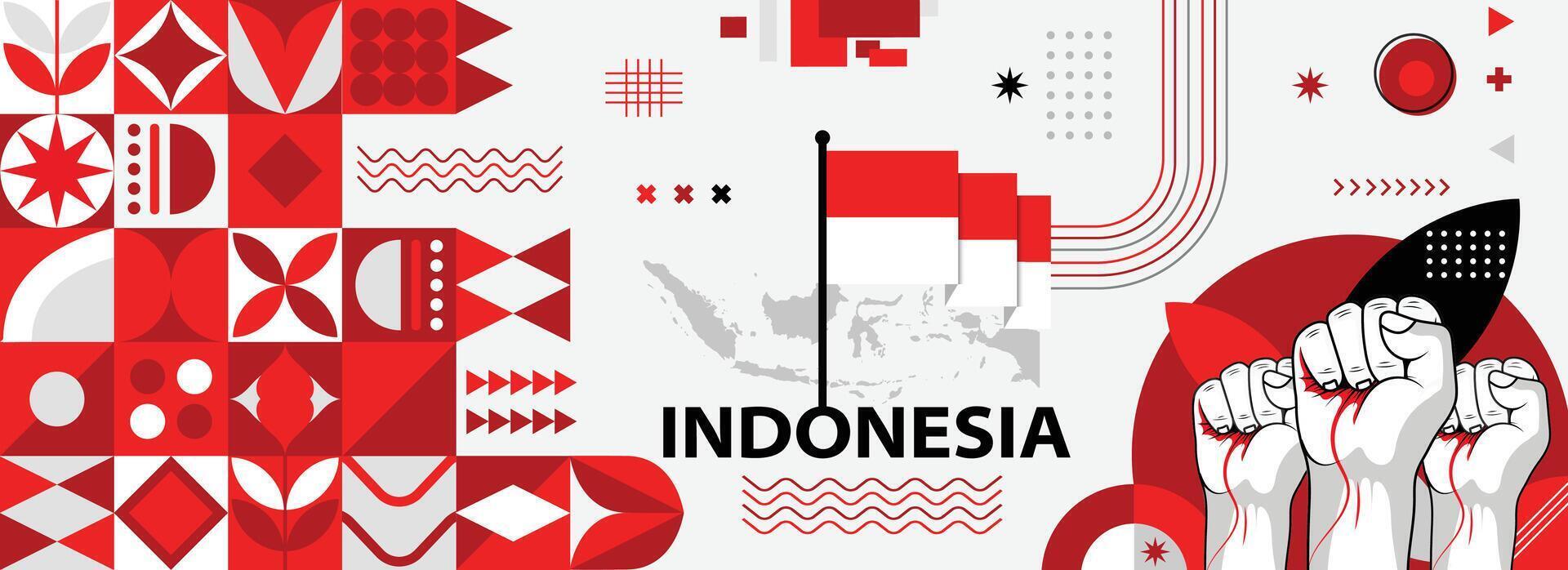 Indonesia national or independence day banner for country celebration. Flag and map of Indonesia with raised fists. Modern retro design with typorgaphy abstract geometric icons. Vector illustration