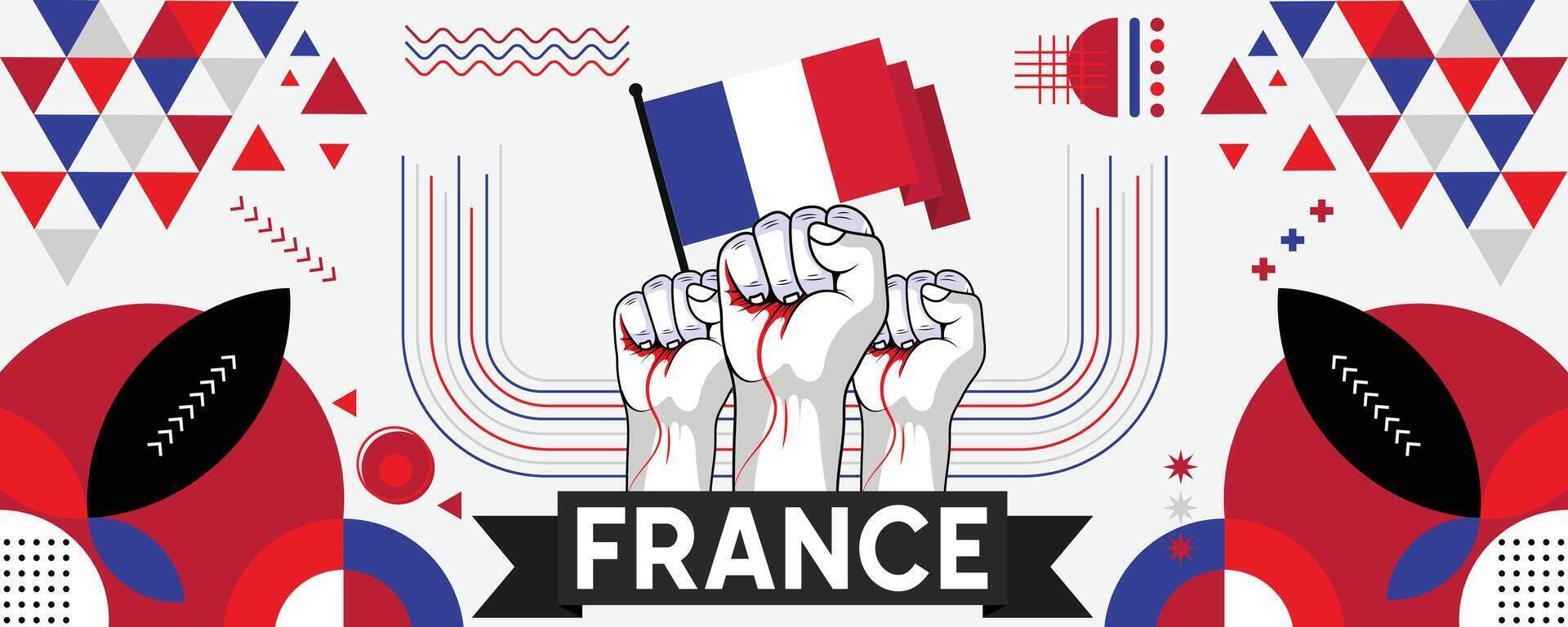 Francia nacional o independencia día bandera para país celebracion. bandera de Francia con elevado puños moderno retro diseño con tiporgafia resumen geométrico iconos vector ilustración.
