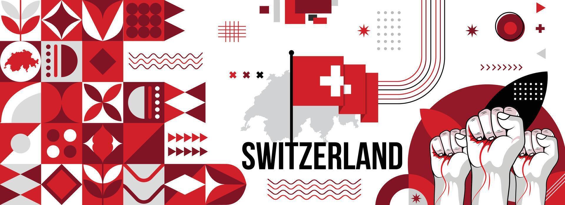 Switzerland national or independence day banner for country celebration. Flag and map of Switzerland with raised fists. Modern retro design with typorgaphy abstract geometric icons. vector