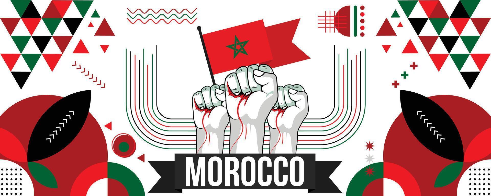 Morocco national or independence day banner design for country celebration. Flag of Morocco modern retro design abstract geometric icons. Vector illustration