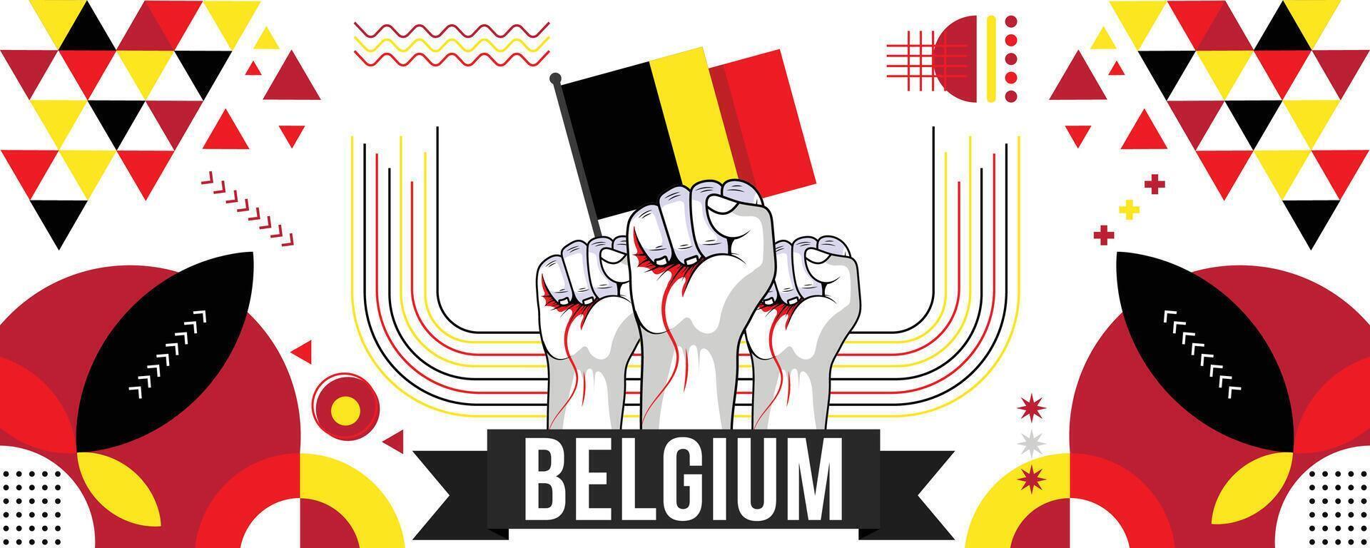 belgiumnational or independence day banner for country celebration. Flag of belgium with raised fists. Modern retro design with typorgaphy abstract geometric icons. Vector illustration.