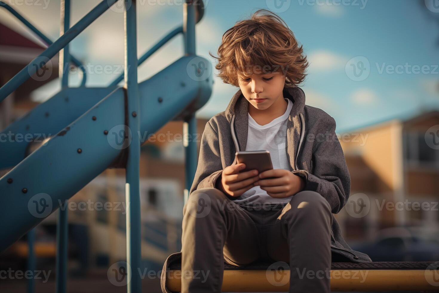 AI generated Lonely boy using mobile phone. Social media. Gadget addiction, technology and lifestyle photo