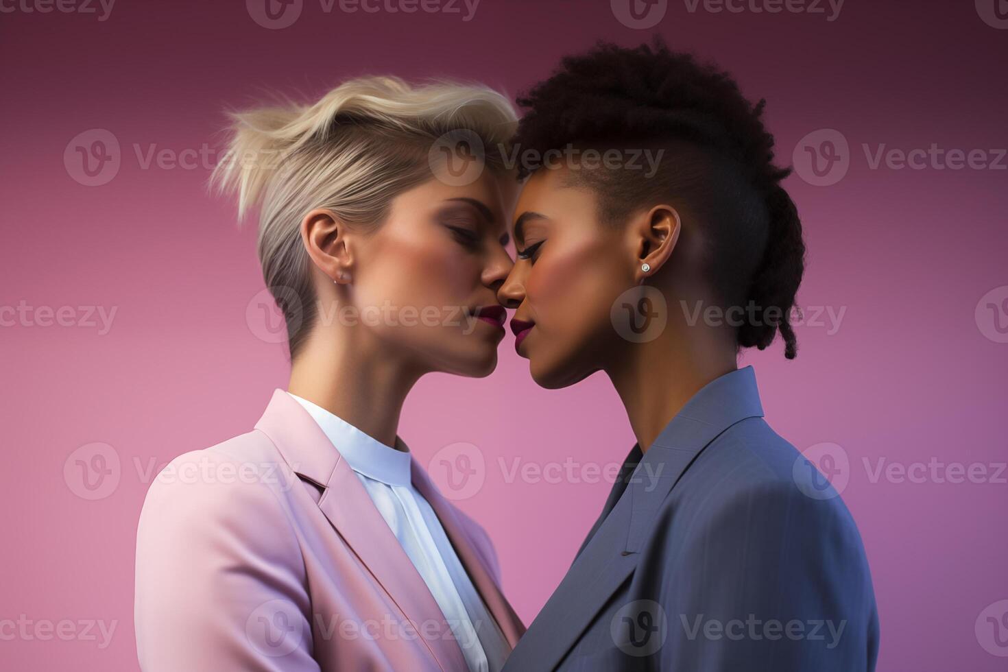 ai generado contento enamorado lesbiana Pareja en estudio antecedentes. diversidad, lgbtq personas concepto. Copiar espacio foto