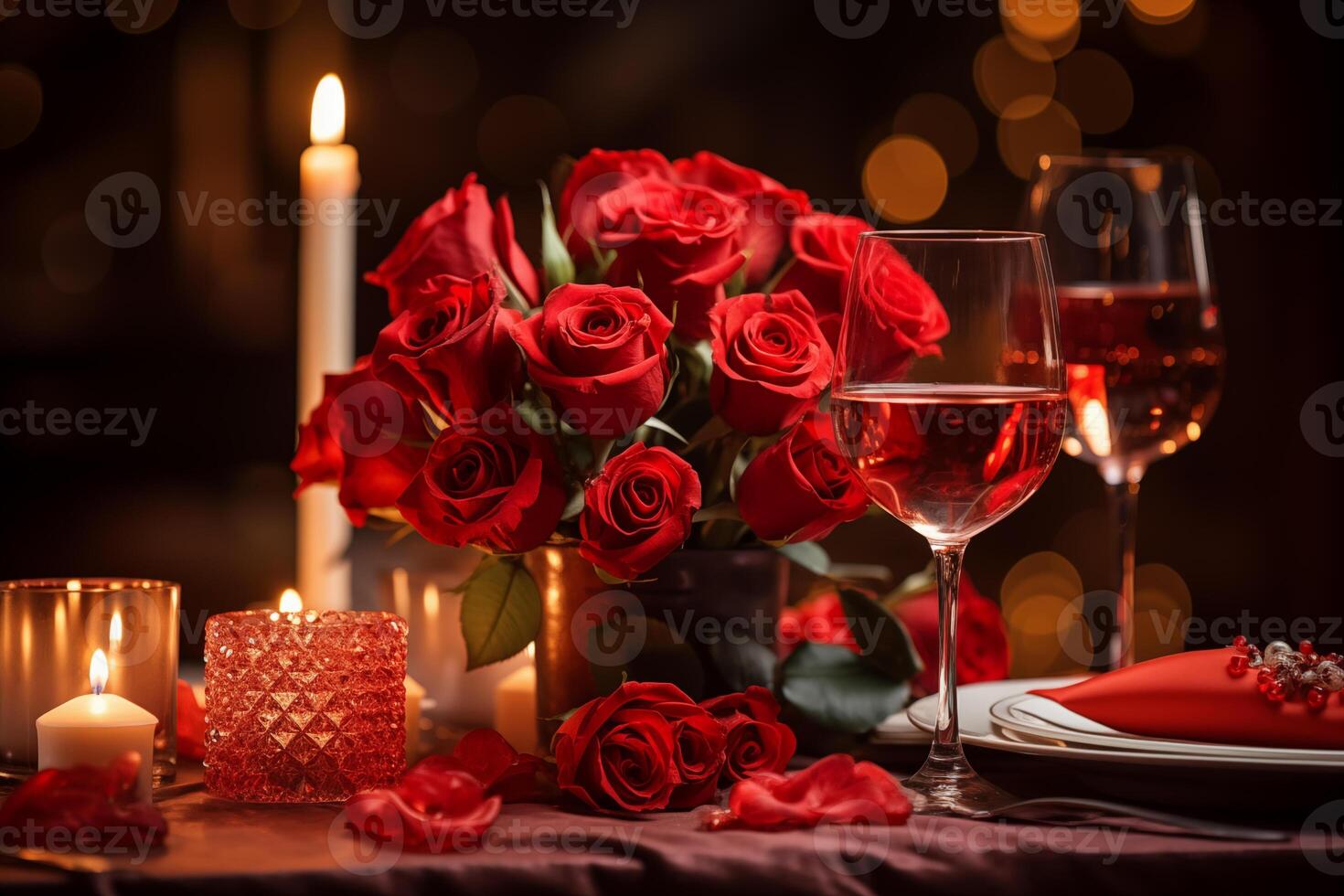 AI generated Romantic dinner setting with a rose and champagne in restaurant. Valentines or anniversary concept photo