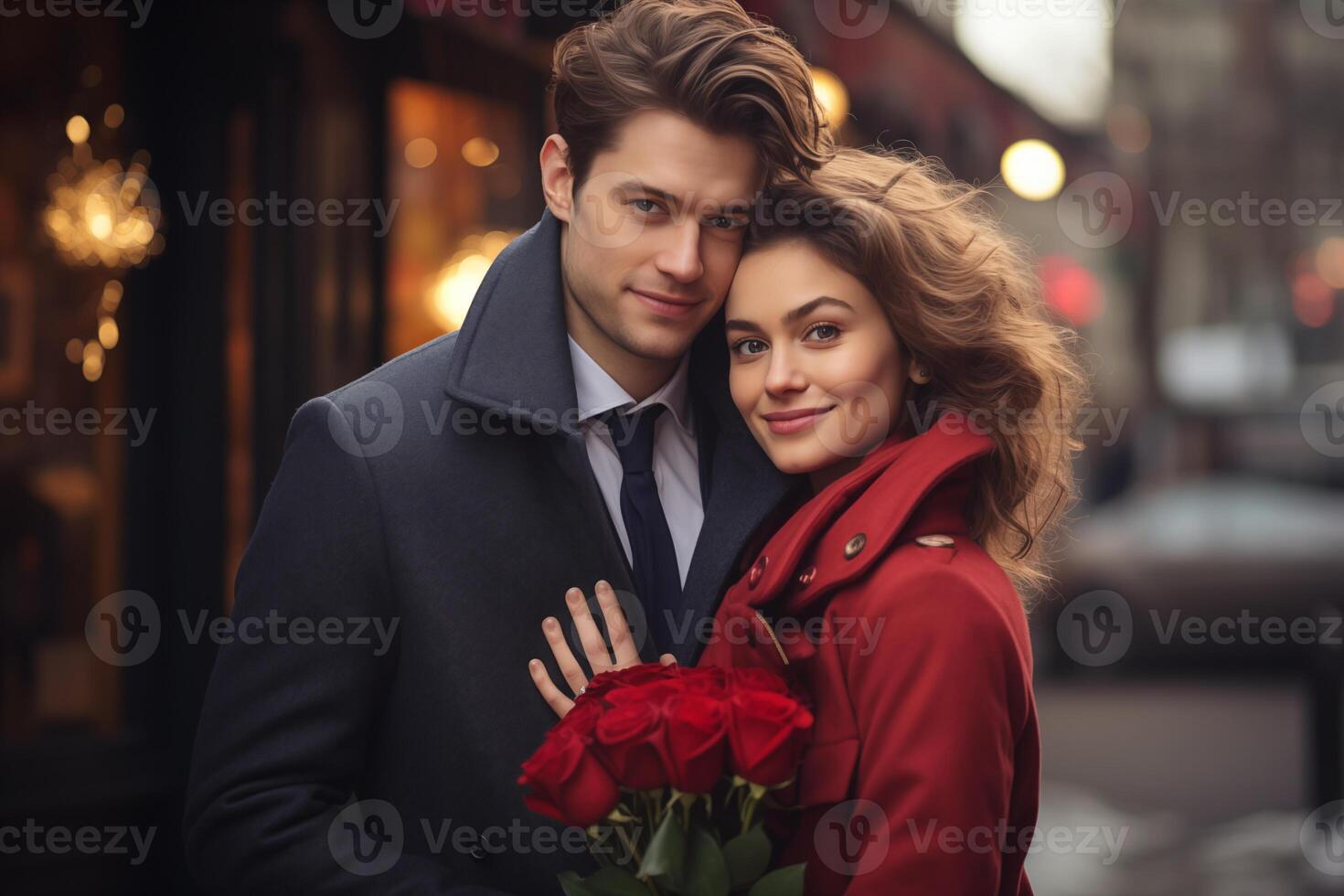 AI generated Guy giving bouquet of flowers to his girlfriend. Romantic, anniversary or Valentine's Day photo