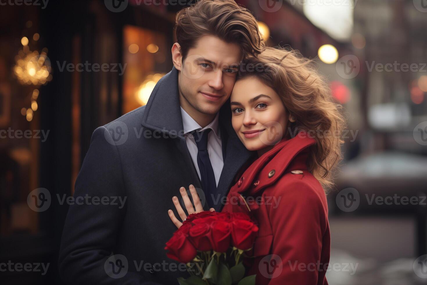 ai generado chico dando ramo de flores de flores a su novia. romántico, aniversario o San Valentín día foto