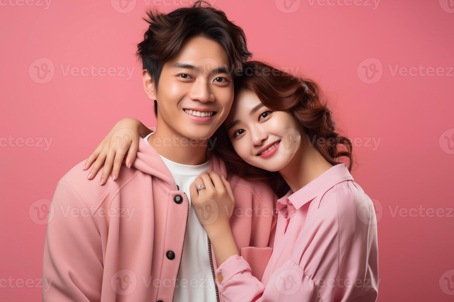 AI generated Portrait of happy young Asian couple on pink background. Studio shot, copy space photo