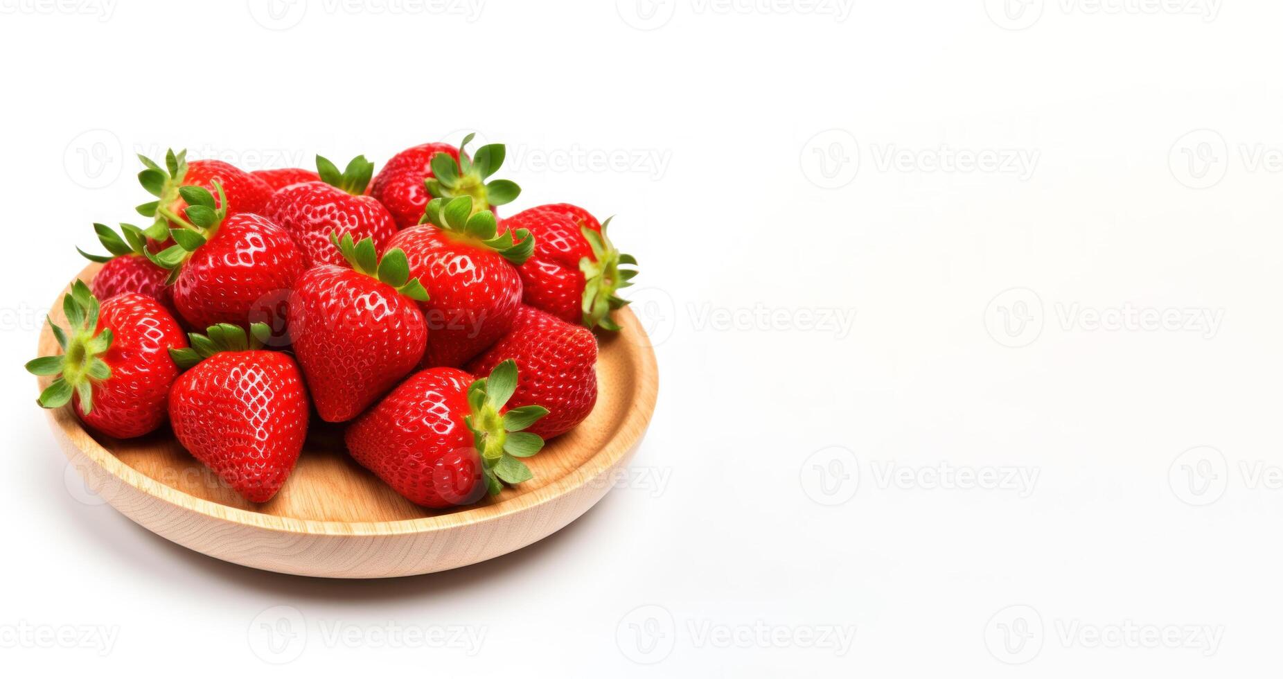 AI generated strawberry on wooden plate on white background photo