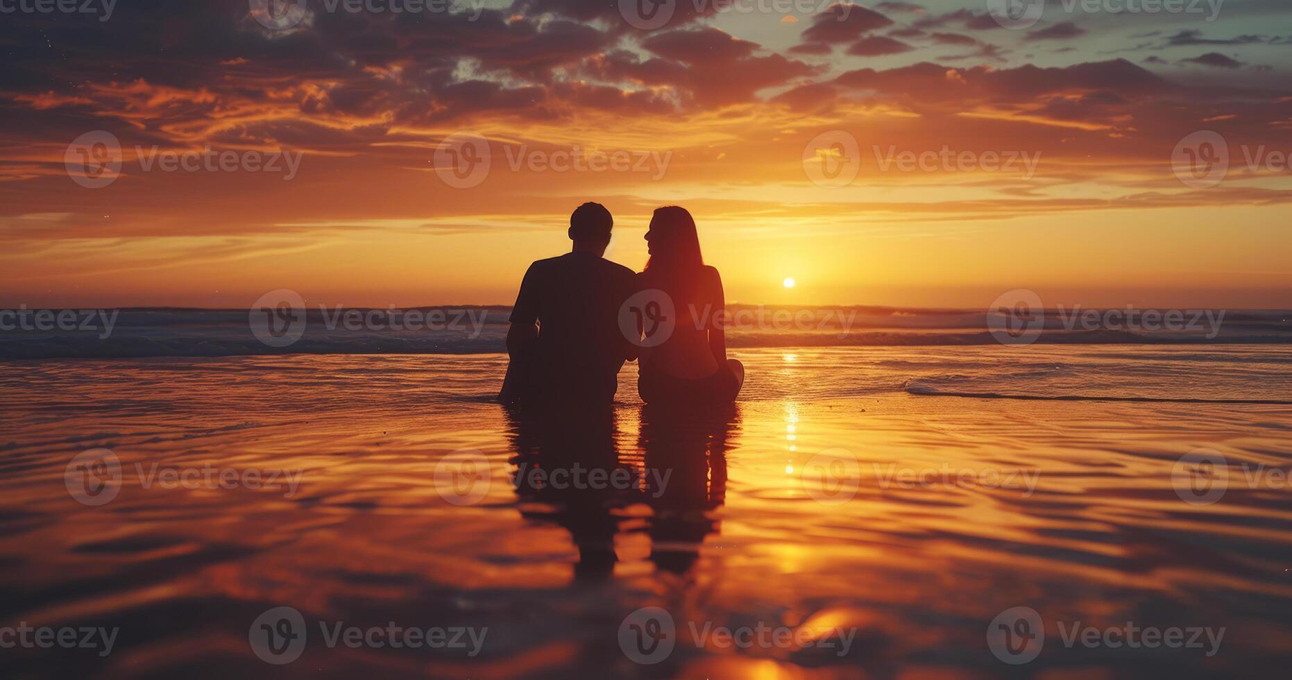 AI generated A couple very much in love sitting in the waves by the beach. They sit on the beach and watch the magnificent red clouds and the sunset. Al generated. photo