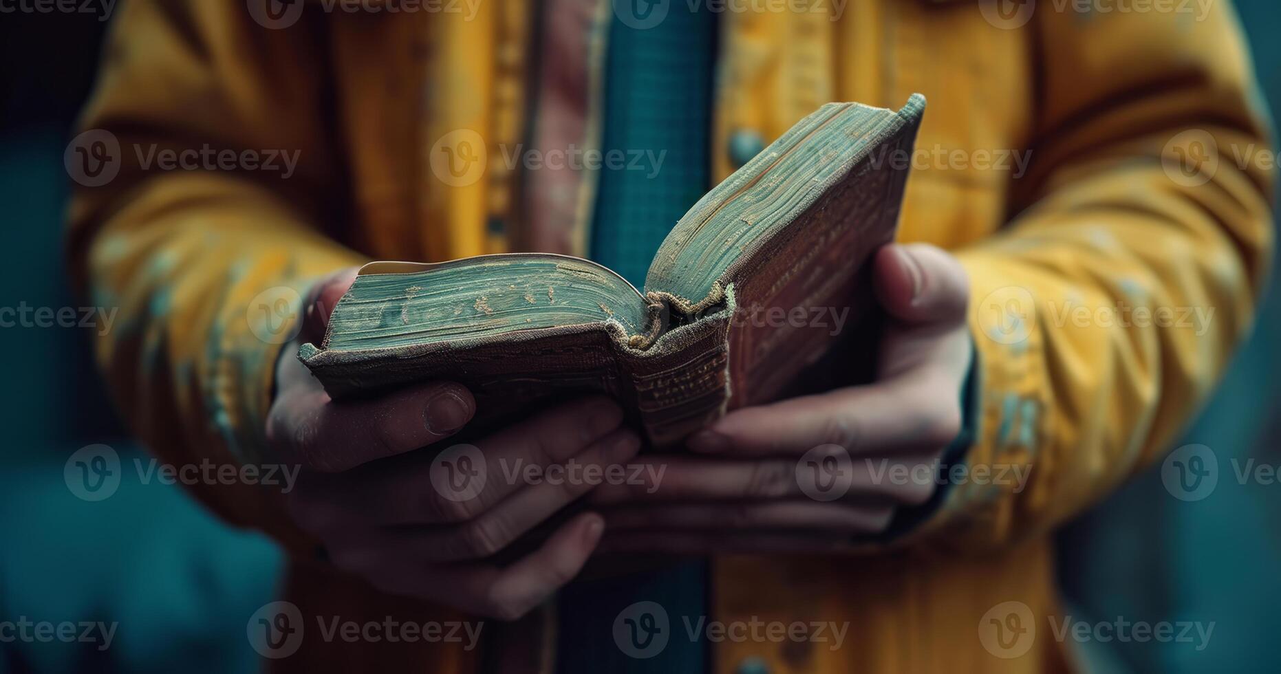 AI generated A man wearing a yellow raincoat is reading a book. Hands of a person holding a book. Close-up. Intellectual knowledge. A special and old-looking book. Ai generated. photo