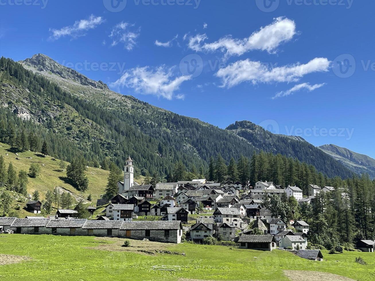 un pueblo en el montañas con verde césped y arboles foto