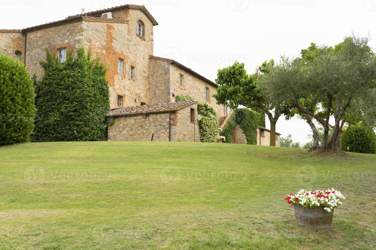 a large house with a flower pot in front of it photo