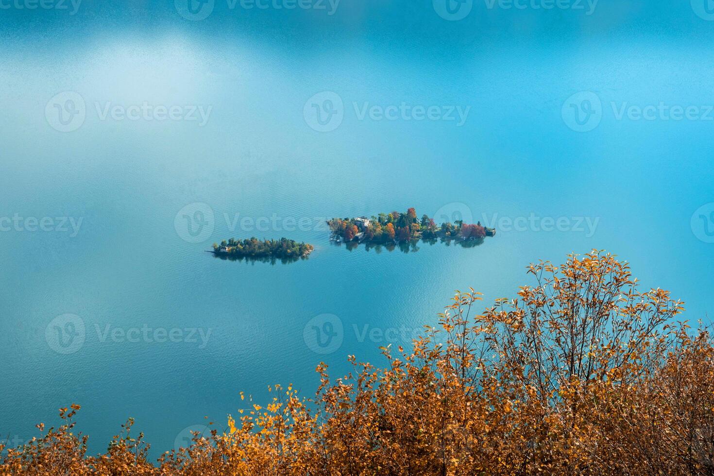 a lake with trees and a sky photo