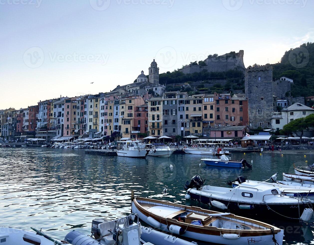 boats docked in the water near a town photo