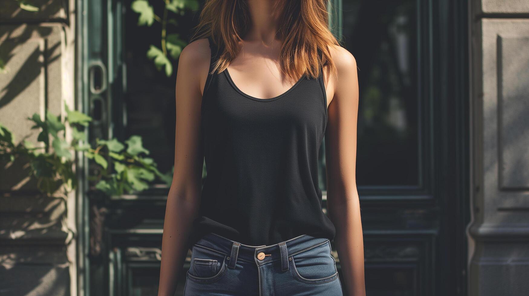 AI generated Attractive young woman wearing blank empty black tank top mockup for design template in the city street photo