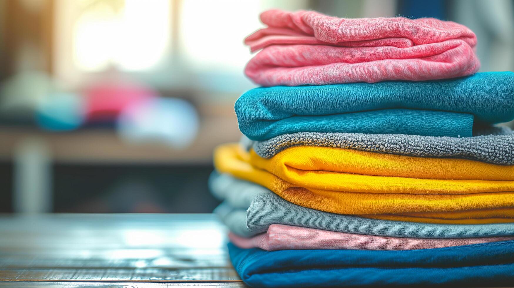 AI generated Stack of colorful clothes on table with copy space background, laundry and household photo