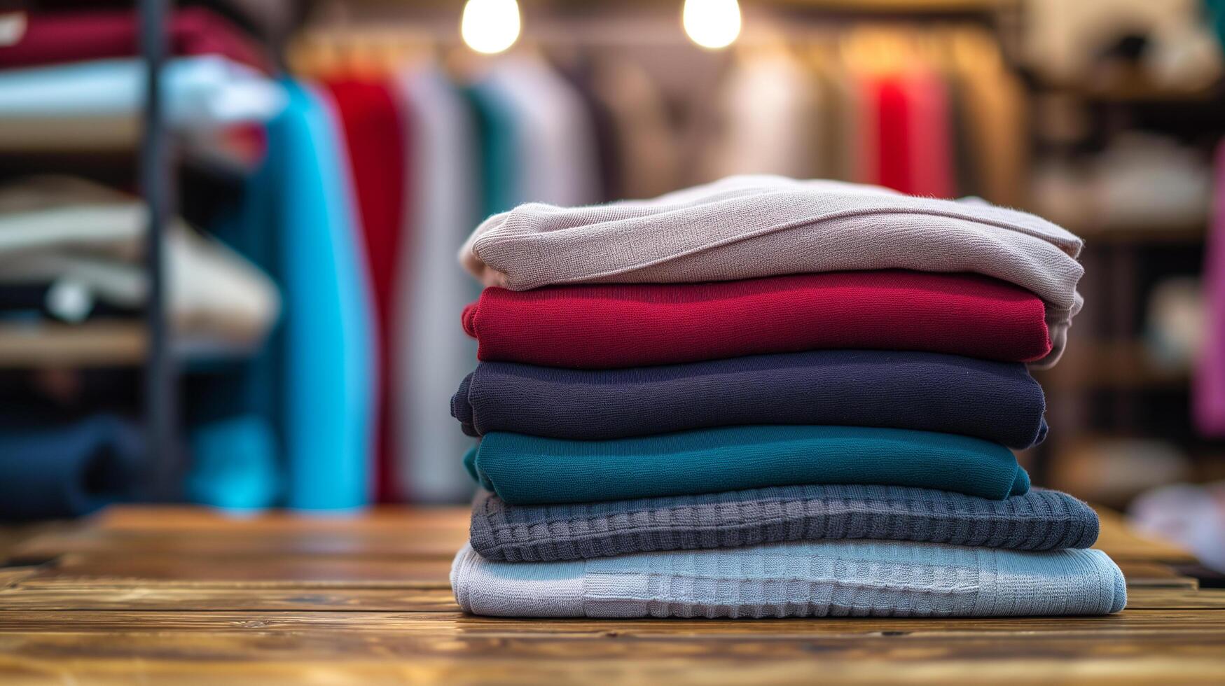 AI generated Stack of colorful clothes on table with copy space background, laundry and household photo