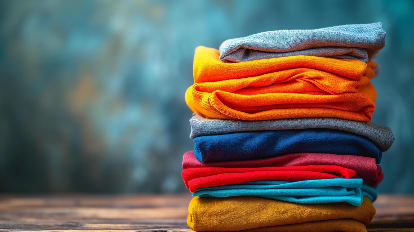 AI generated Stack of colorful clothes on table with copy space background, laundry and household photo