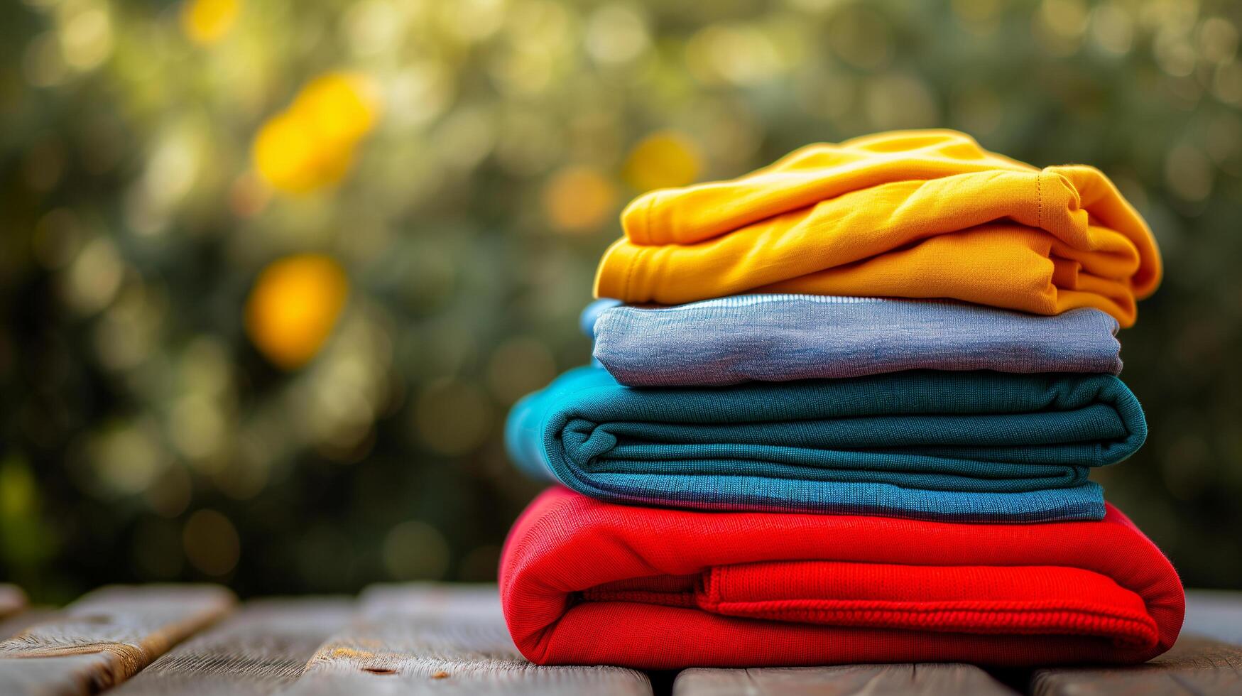AI generated Stack of colorful clothes on table with copy space background, laundry and household photo