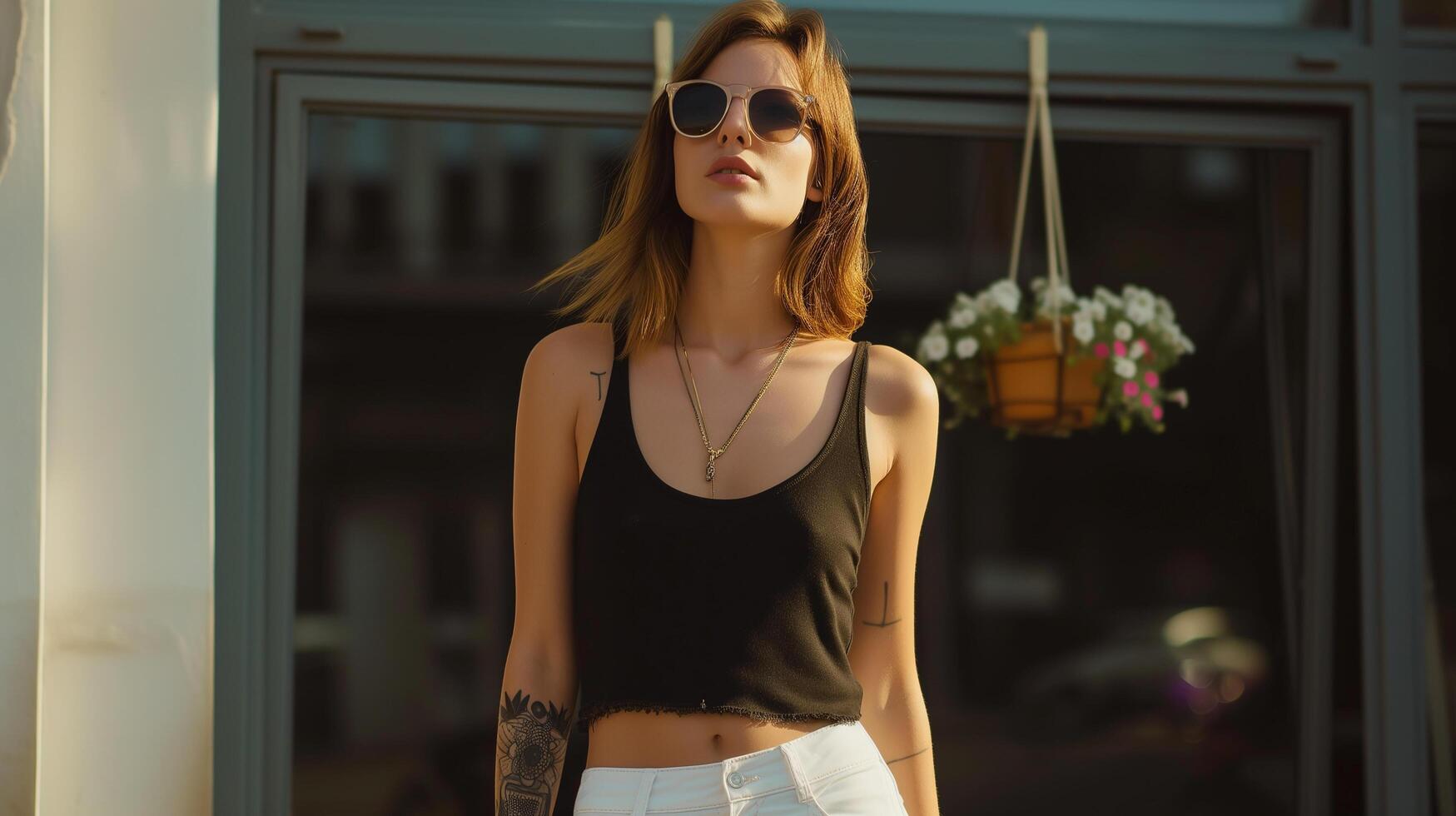 AI generated Attractive young woman wearing blank empty black tank top mockup for design template in the city street photo