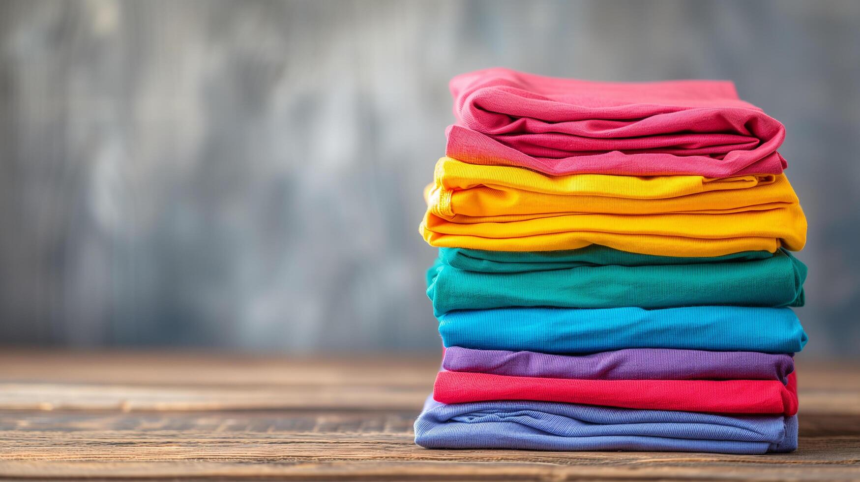 AI generated Stack of colorful clothes on table with copy space background, laundry and household photo