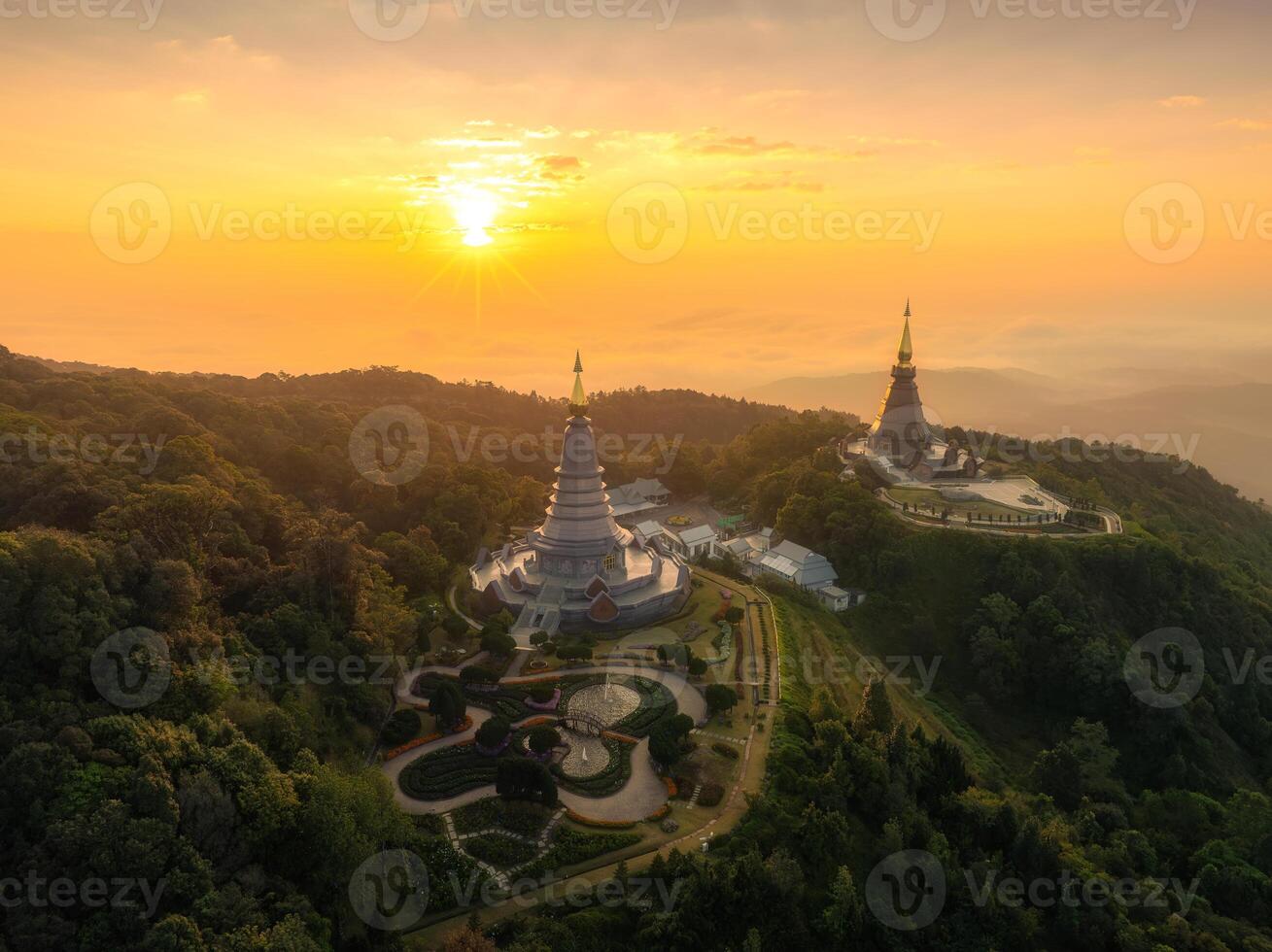 aerial view Twin pagoda built on top of the mountain Doi Inthanon at Chiang Mai. photo