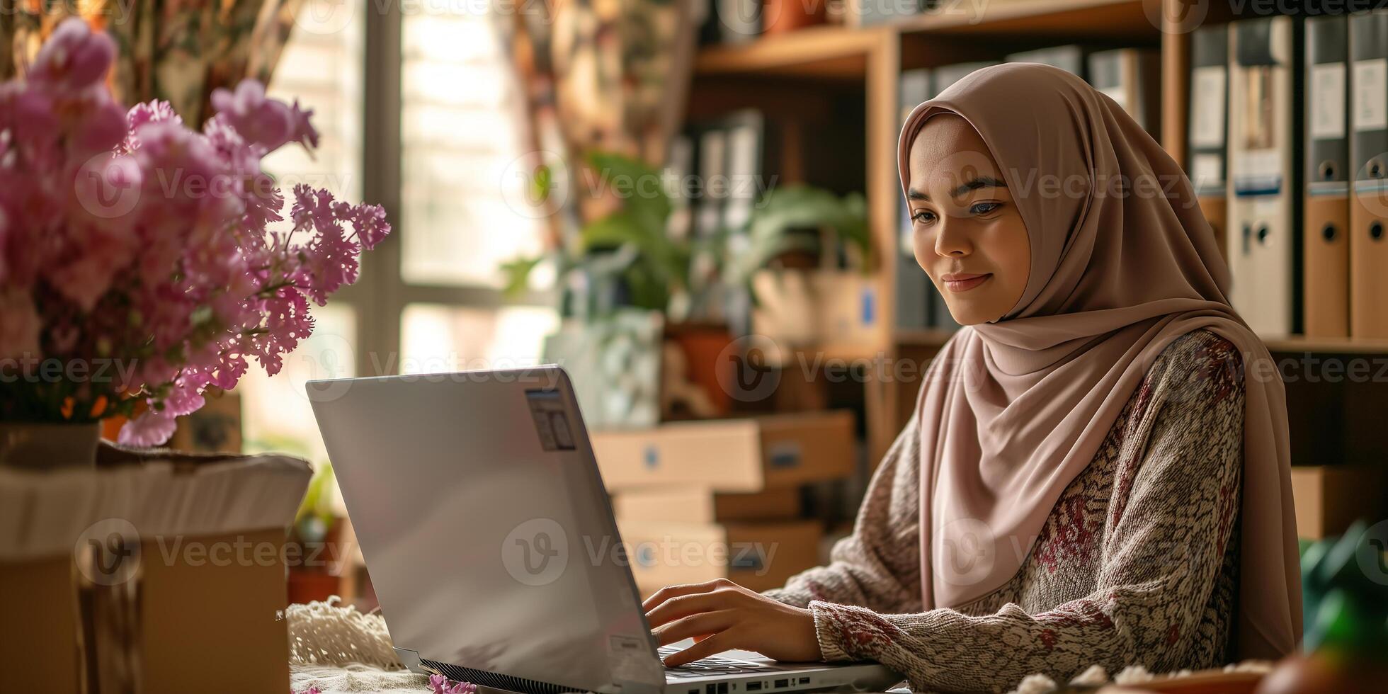 AI generated A young Muslim woman in a hijab, business woman surrounded by boxes, working on a laptop. Small business, delivery, businesswoman. Proud business owner. Bokeh effect. AI generated. photo