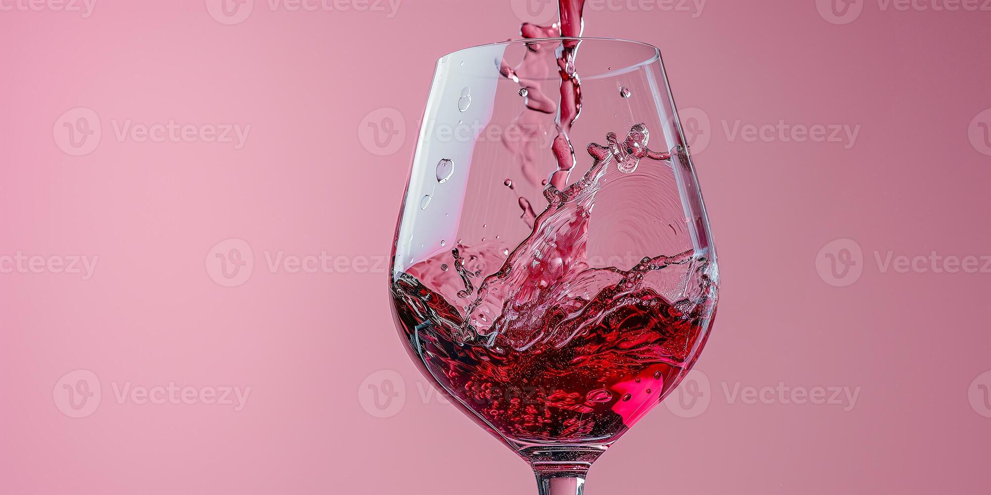 AI generated A glass of red wine in close-up on a pink background. Splashes of wine, pouring wine. Ai generated. photo