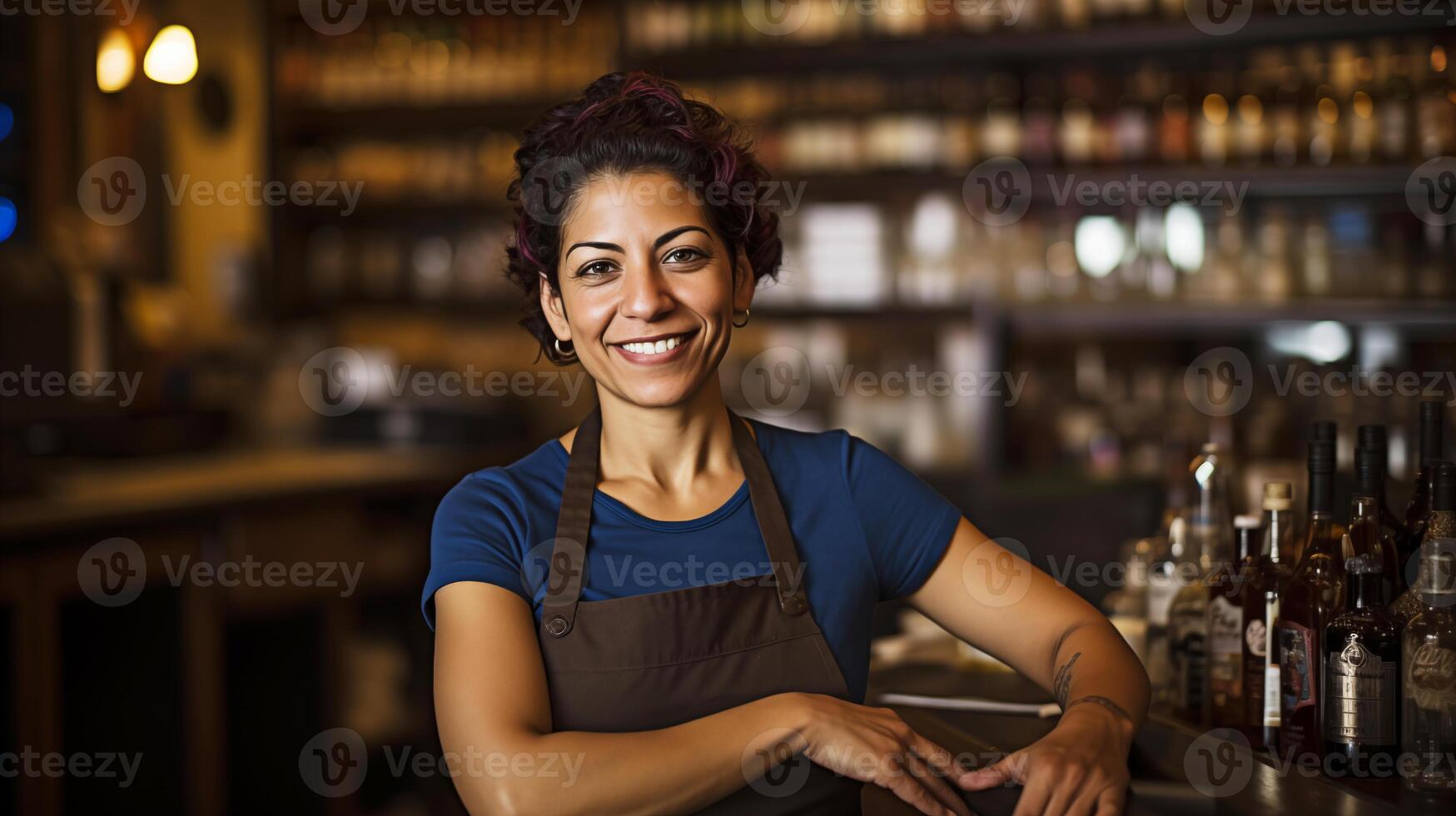 AI generated Proud female bartender at her workplace. A young dark-haired Latin American woman standing in front of bar, confident entrepreneur, business owner. Bokeh effect. AI generated. photo
