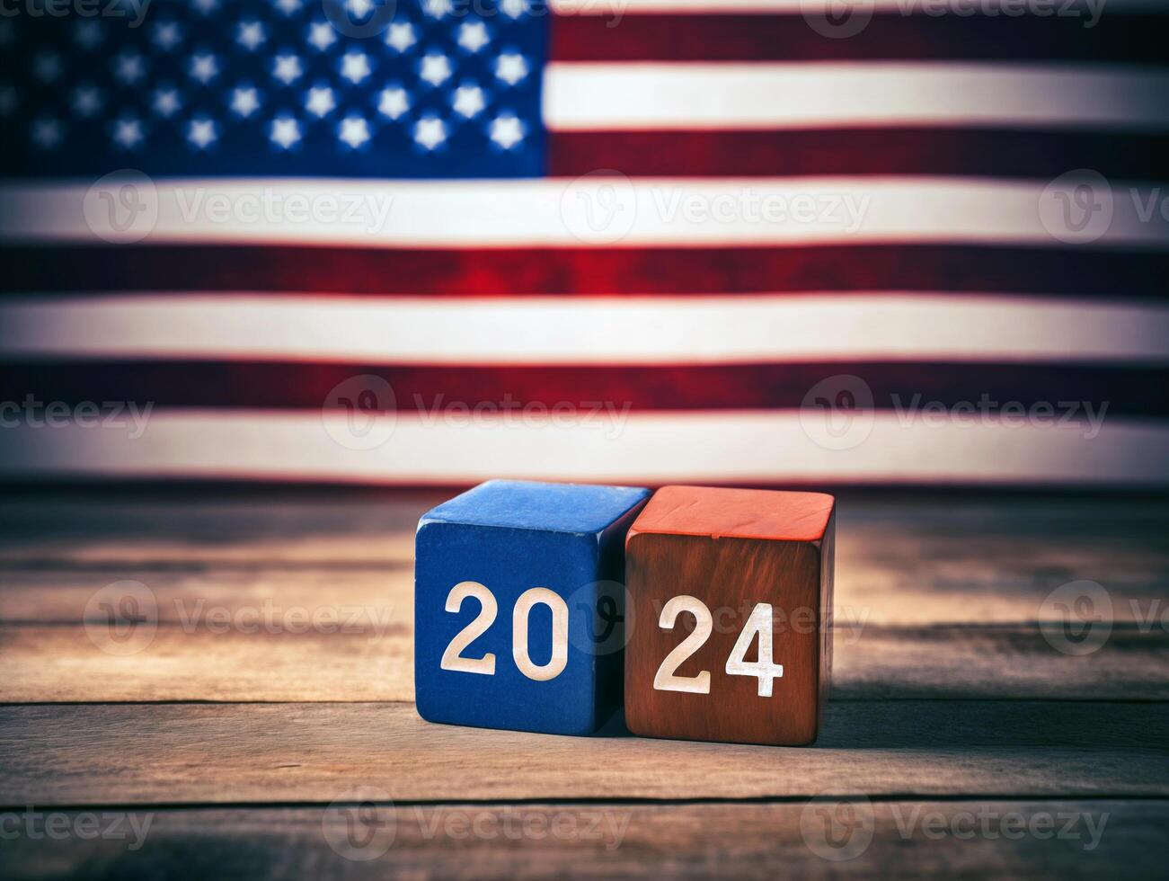 ai generado unido estados presidencial elección, 2024. de madera cubitos con texto 2024 terminado el americano bandera en el antecedentes. bokeh en el antecedentes. ai generado. foto