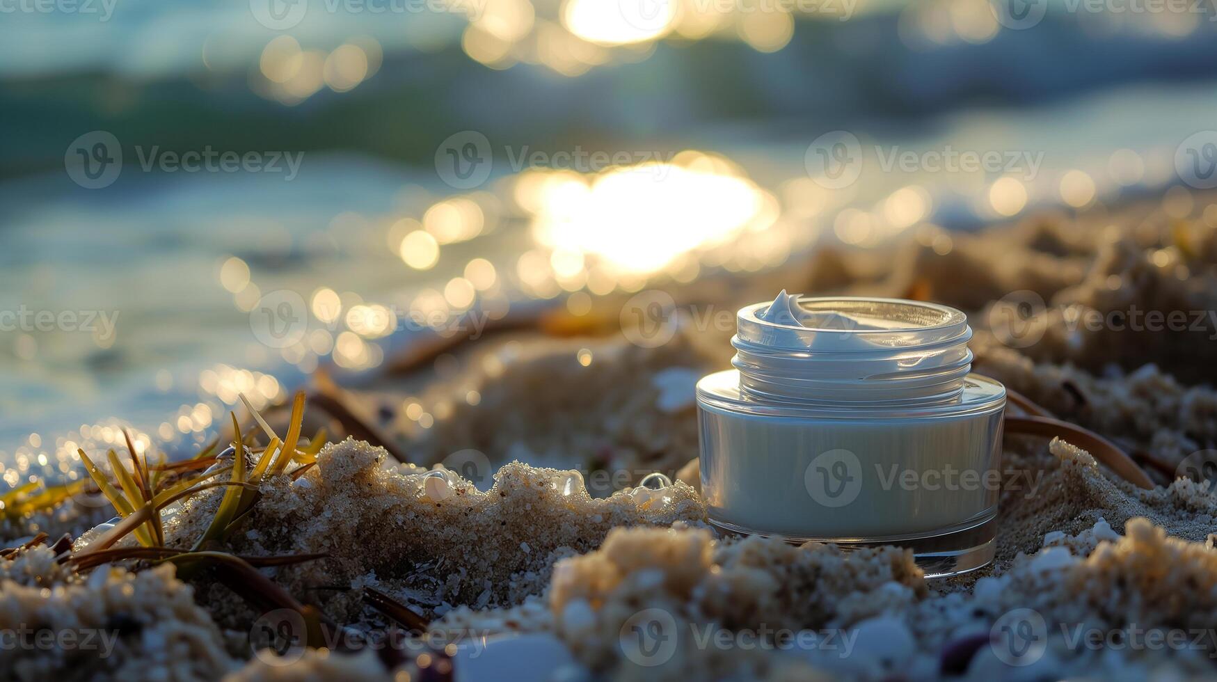 AI generated Cosmetic cream in a glass jar on a sandy beach, the sea on the background. Eco concept. Photorealistic nature background with bokeh effect. AI generated. photo