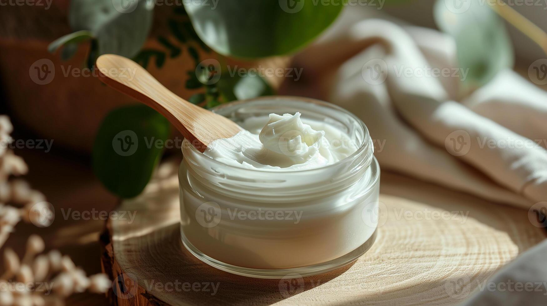 AI generated Cosmetic cream in a glass jar and a wooden spatula on a background of leaves. Eco concept. Photorealistic nature background with bokeh effect. AI generated. photo