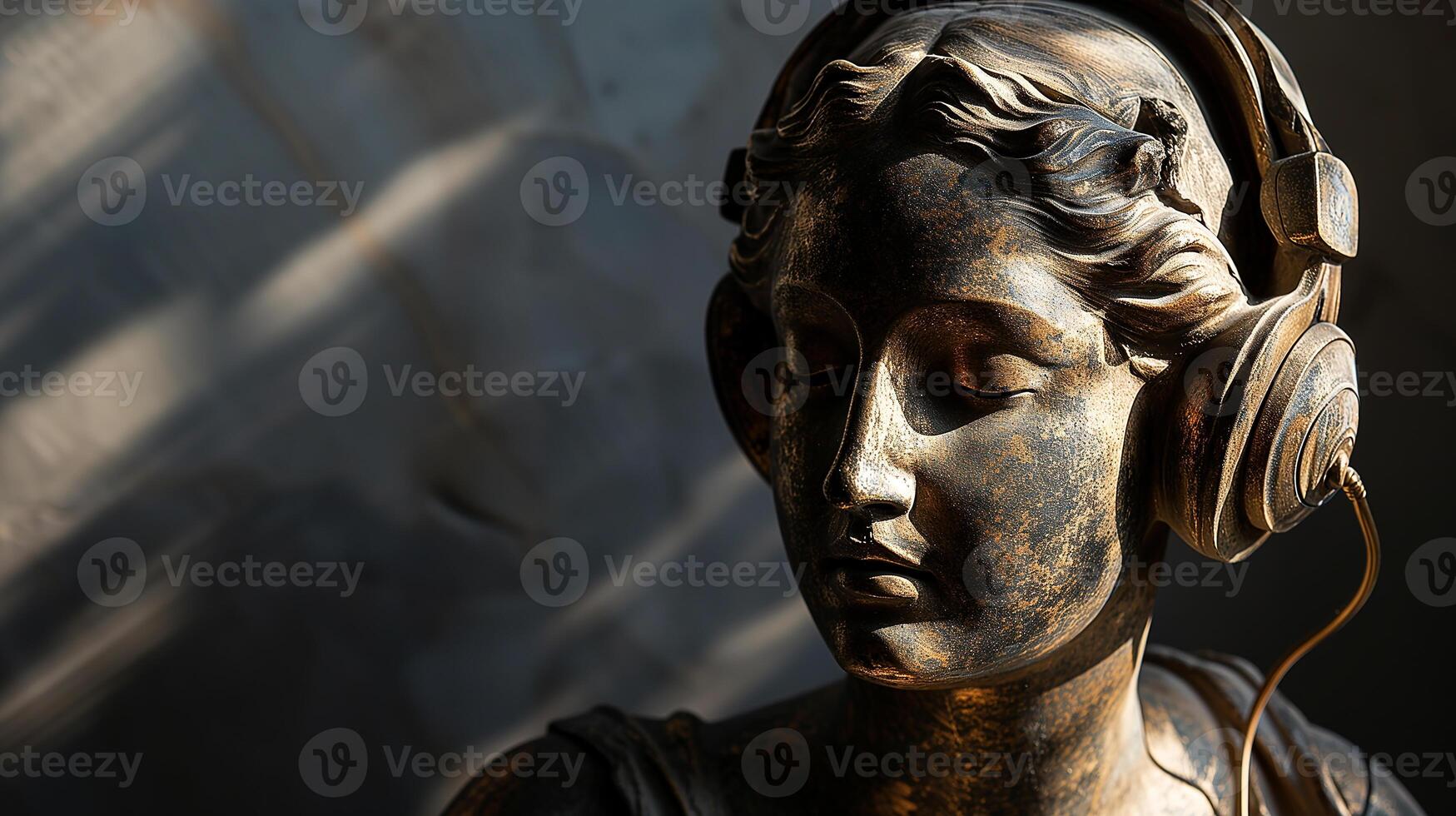 AI generated An antique bust sculpture in modern headphones. Bokeh in the background. AI generated. photo