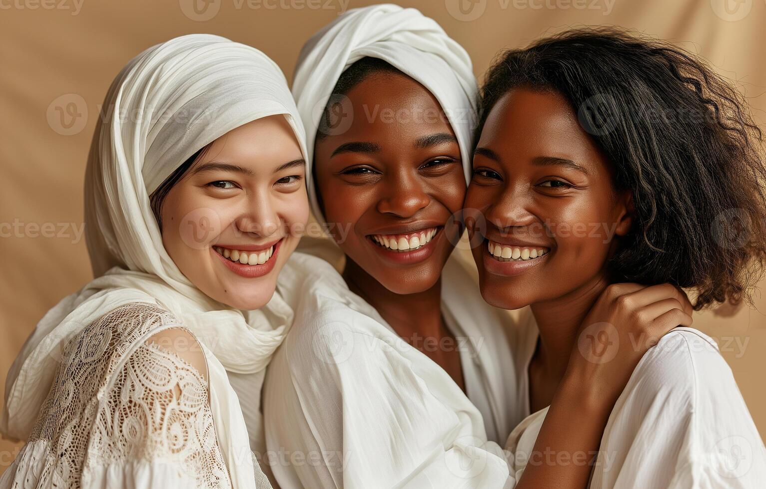 AI generated Women of different nationalities and races in white clothes together on a monochrome beige background. Diversity concept. Photorealistic. AI generated. photo