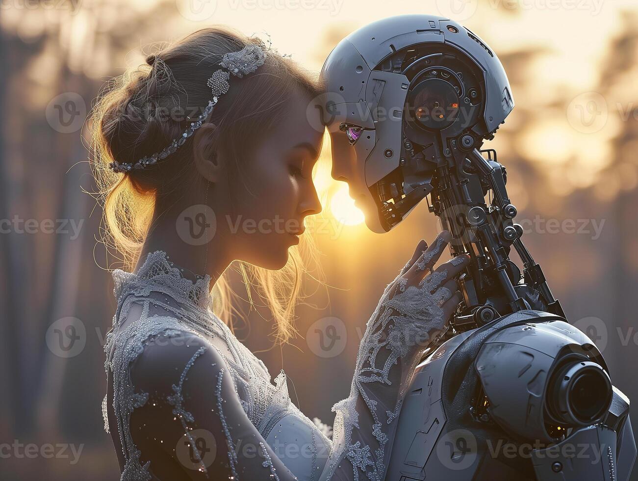 AI generated Robot and woman's wedding day. Android cyborg robot marries a woman. Human bride in a white wedding dress. Photorealistic  background with bokeh effect. AI generated. photo