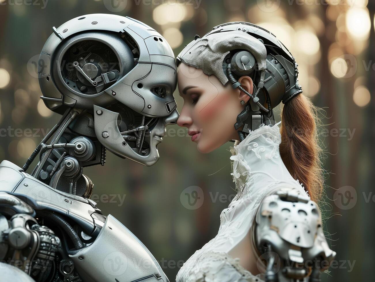 AI generated Robot wedding day. Android cyborg robots are getting married. Cyborg bride in a white wedding dress. Photorealistic  background with bokeh effect. AI generated. photo