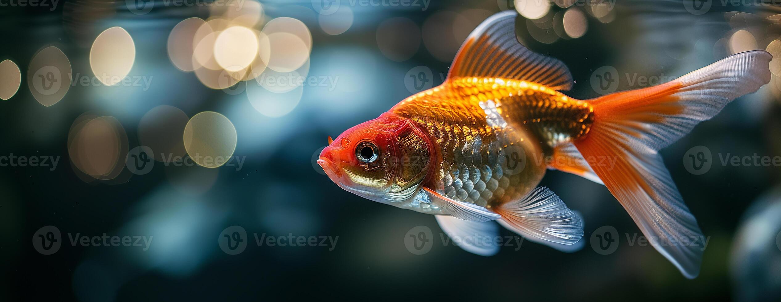 AI generated Goldfish swimming in the water, close up view, copy space. Photorealistic nature background with bokeh effect. AI generated. photo