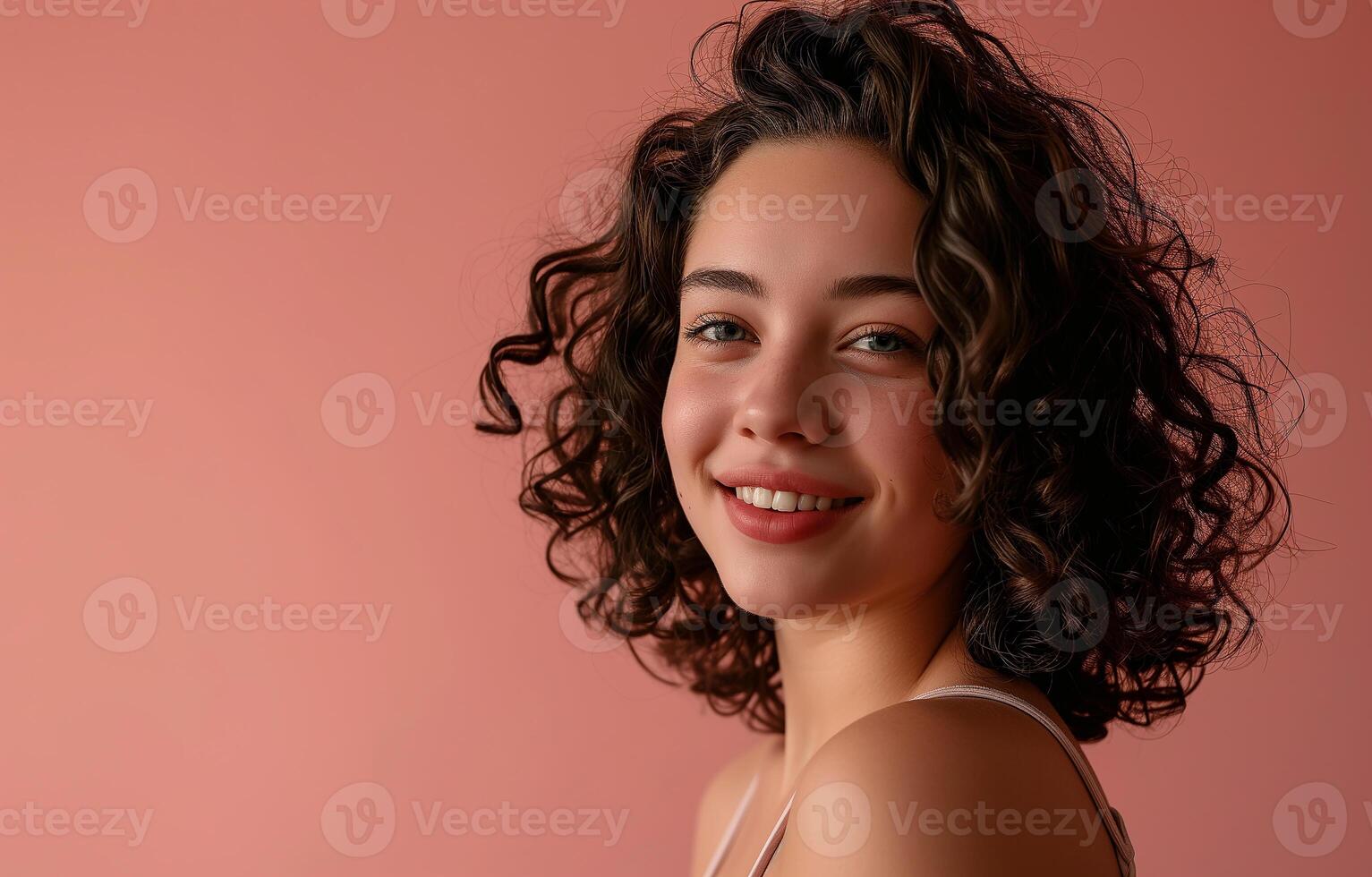 AI generated Dark-haired curly-haired young woman posing in close-up on a monochrome background, portrait, model. AI generated. photo