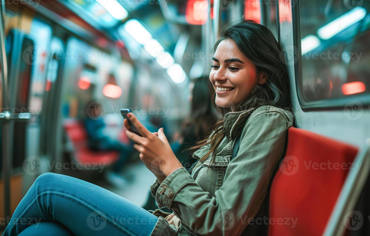 AI generated A beautiful Latin American woman in the subway. Portrait of a young woman sitting in a metro subway carriage looking at her smartphone, close-up. Bokeh in background. AI generated. photo