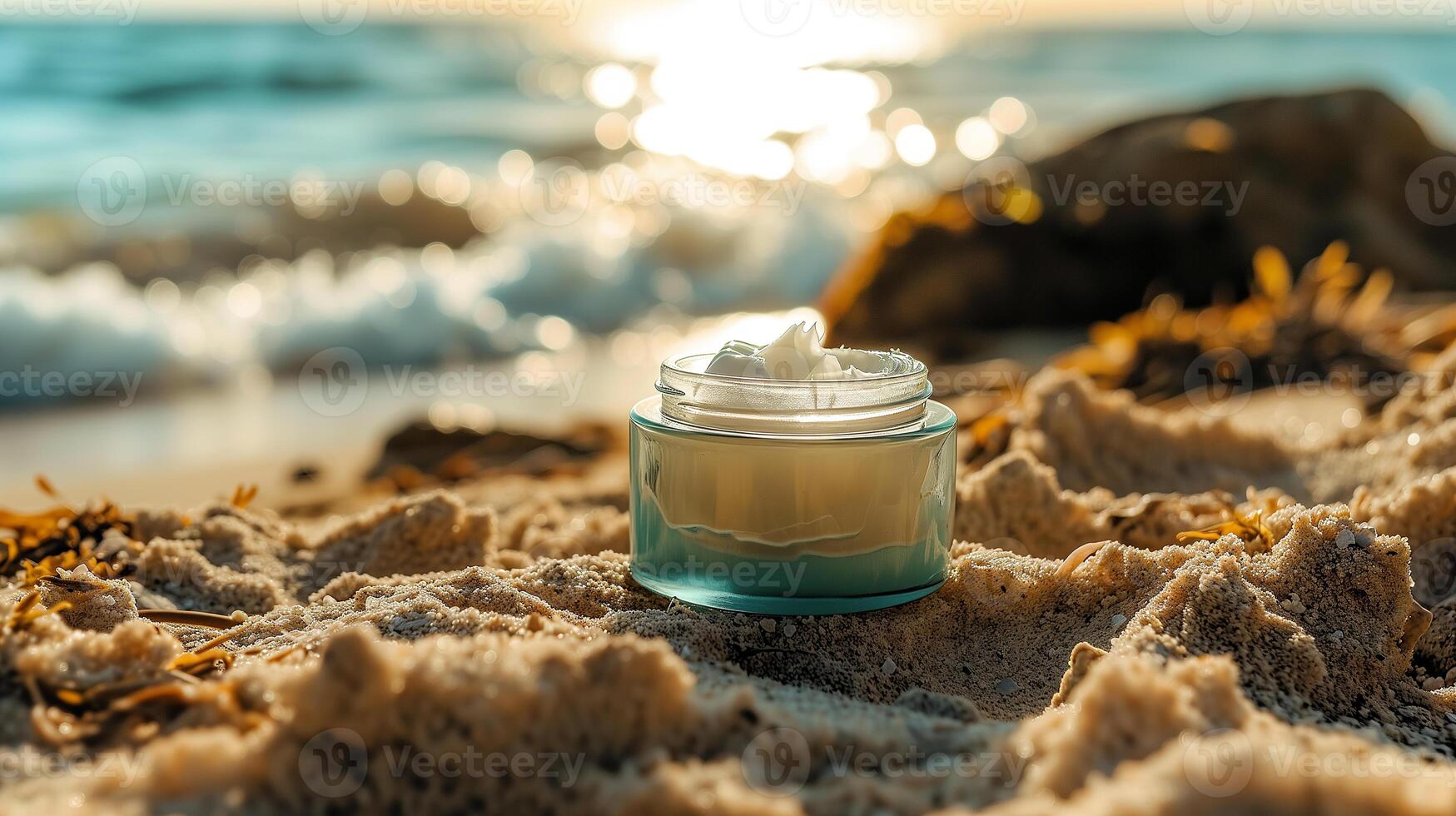 AI generated Cosmetic cream in a glass jar on a sandy beach, the sea on the background. Eco concept. Photorealistic nature background with bokeh effect. AI generated. photo