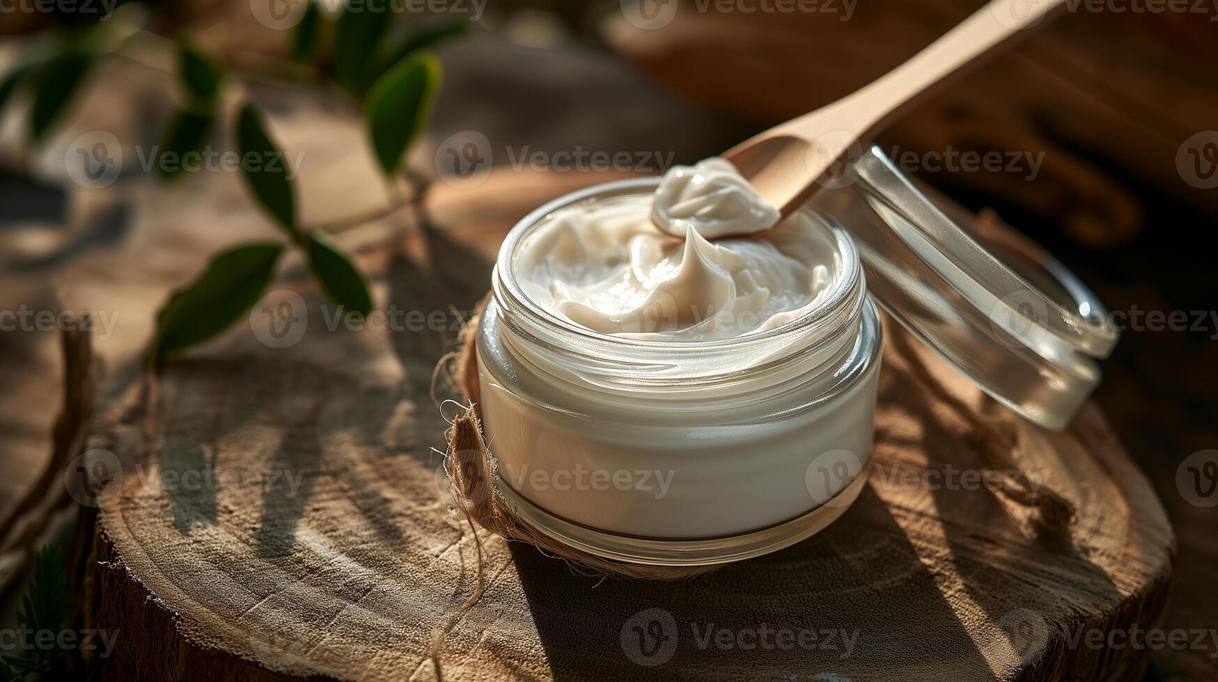 ai generado cosmético crema en un vaso tarro y un de madera espátula en un antecedentes de hojas. eco concepto. fotorrealista naturaleza antecedentes con bokeh efecto. ai generado. foto