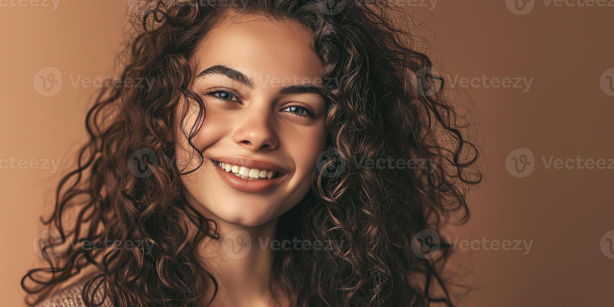 AI generated Dark-haired curly-haired young woman posing in close-up on a monochrome background, portrait, model. AI generated. photo
