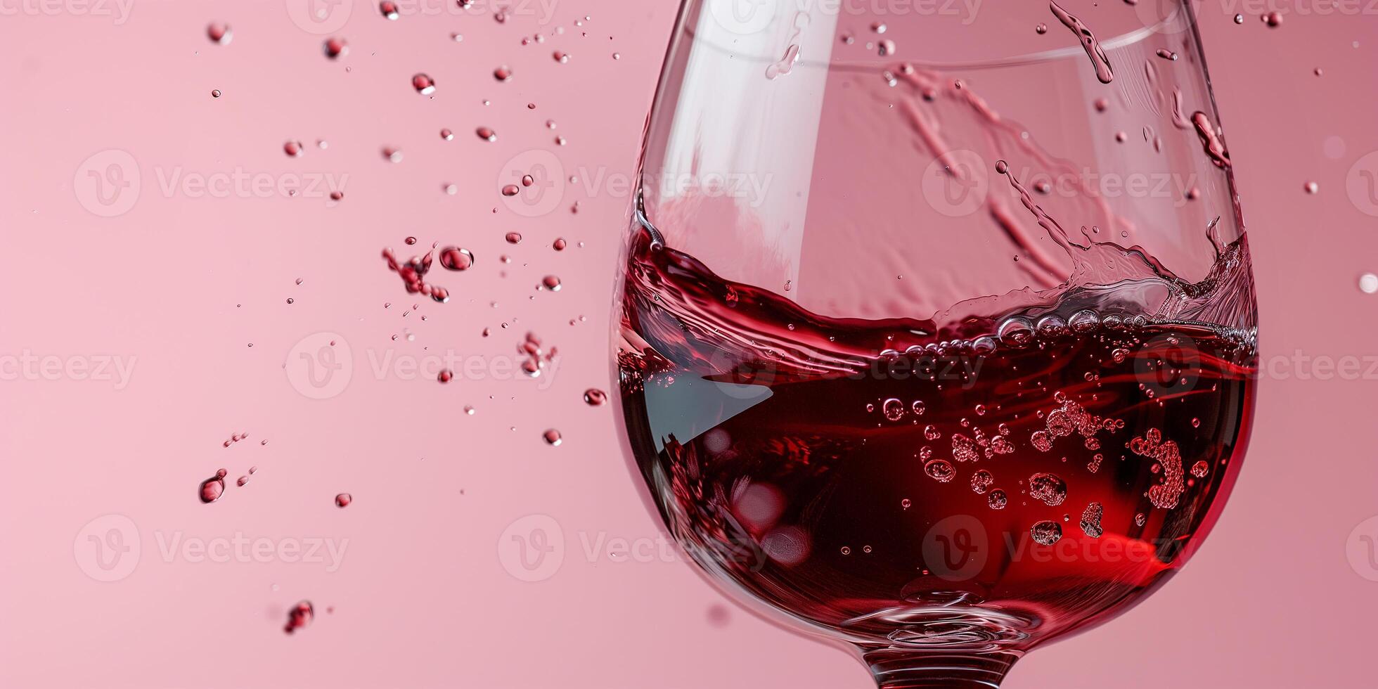 AI generated A glass of red wine in close-up on a pink background. Splashes of wine, pouring wine. Ai generated. photo